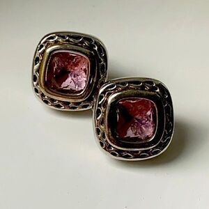 Pair of Balinese Style Faux Morganite Square Chunky Pink Gem Earrings